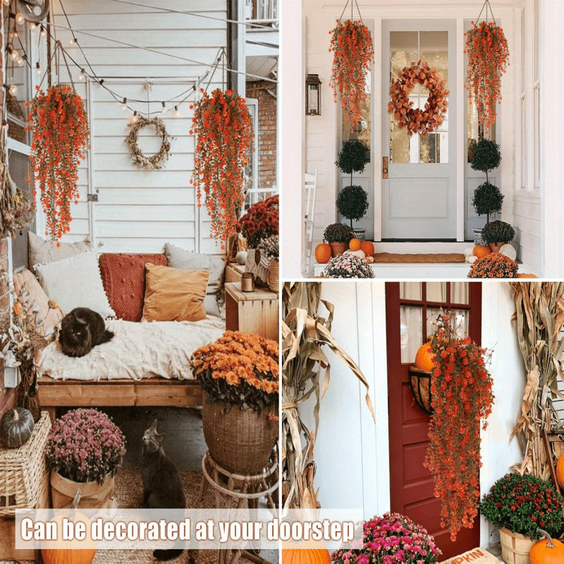 Artificial fall hanging plants and flowers for indoor and outdoor spaces, perfect for Thanksgiving, weddings, parties, and gardens.