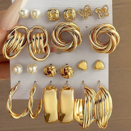 Eleven pairs of luxury palace style fashion earrings, featuring designs such as hearts, butterflies, flowers, twists, geometric shapes, and imitation pearls. Ideal for women's parties, dates, vacations, and minimalist or retro styles, these elegant