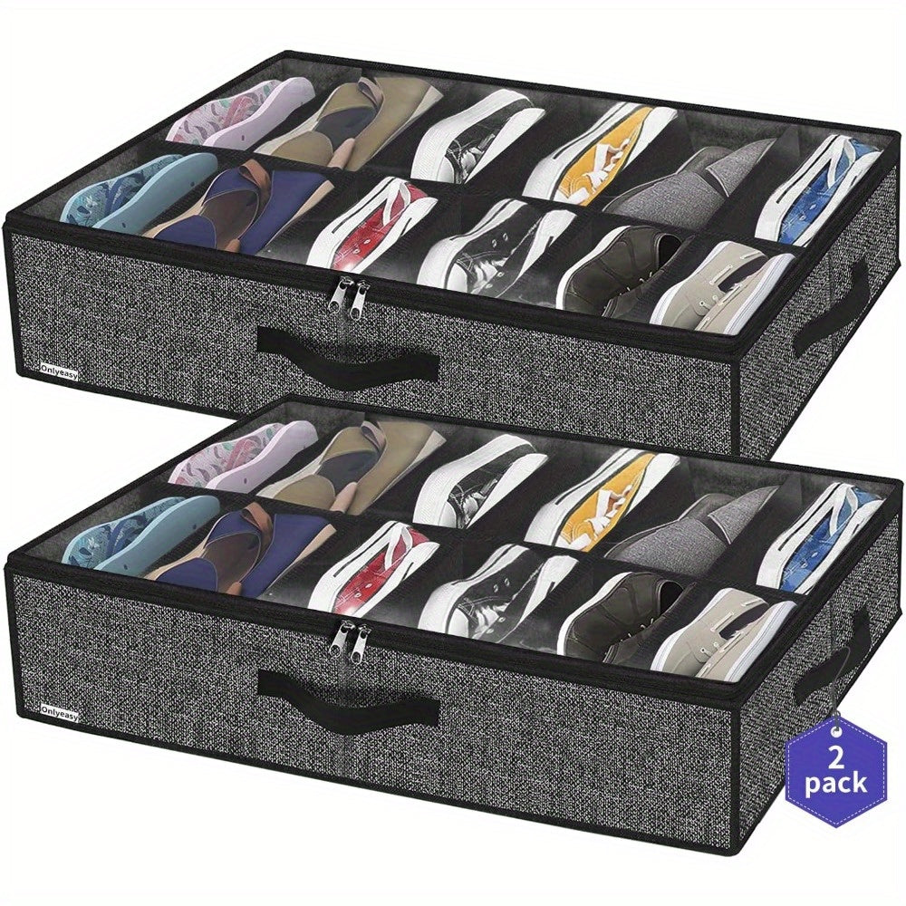 Durable Under Bed Shoe Storage Organizer, Set of 2, Holds Up to 24 Pairs, Underbed Closet Shoe Storage Solution with Transparent Window, Ventilated, Dimensions 74.42cm x 59.94cm x 14.99cm