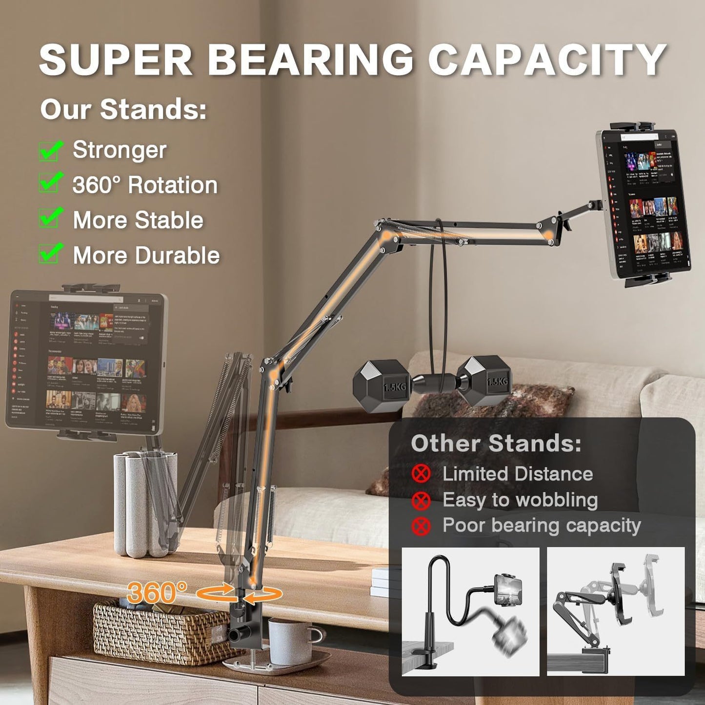 Rotating tablet holder for bed, compatible with various devices, adjustable size.