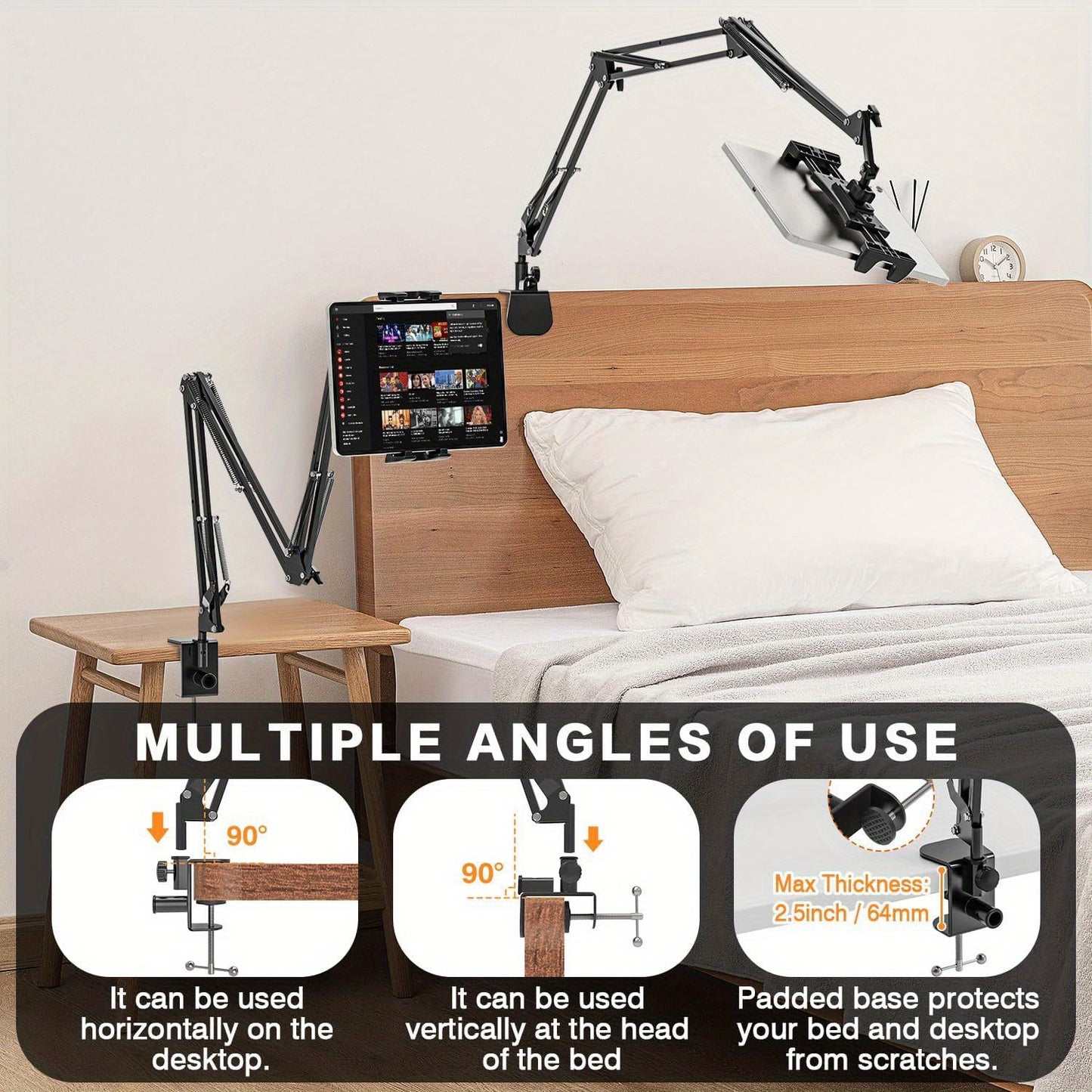 Rotating tablet holder for bed, compatible with various devices, adjustable size.