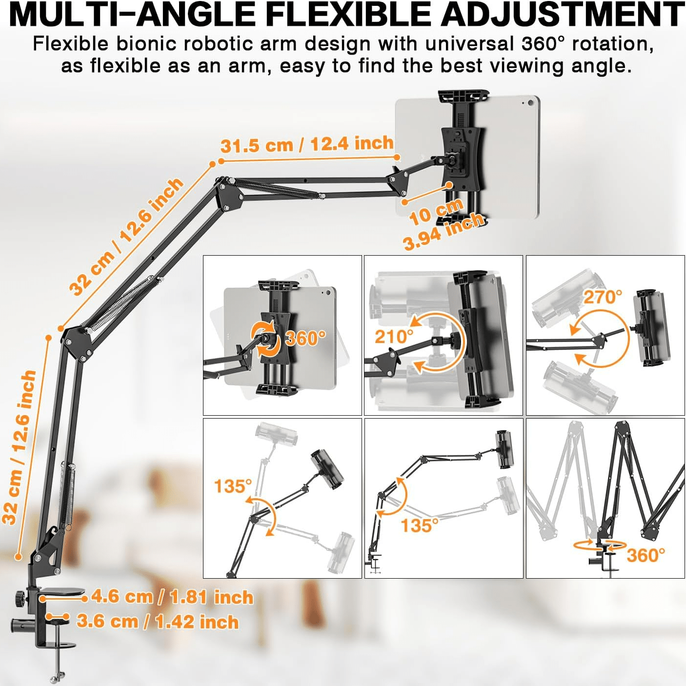 Rotating tablet holder for bed, compatible with various devices, adjustable size.