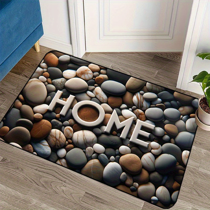 Add a touch of elegance to your home with this 1-piece Pebble Print Welcome Mat featuring a stylish "HOME" design. Made from fade-resistant polyester fiber, this machine washable mat is perfect for use in kitchens and entryways. Its slip-resistant