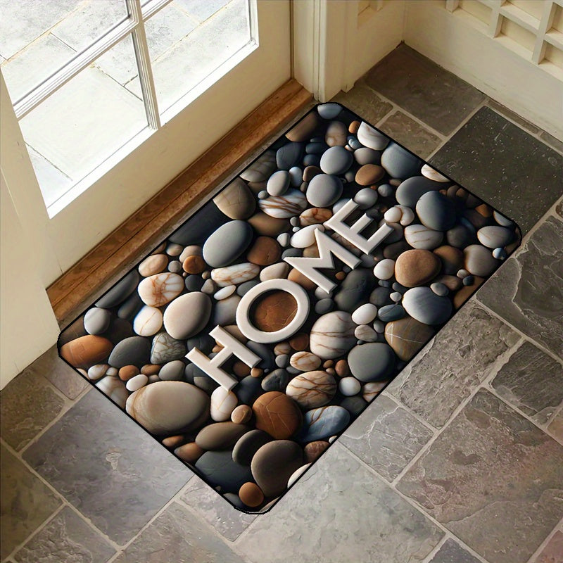 Add a touch of elegance to your home with this 1-piece Pebble Print Welcome Mat featuring a stylish "HOME" design. Made from fade-resistant polyester fiber, this machine washable mat is perfect for use in kitchens and entryways. Its slip-resistant