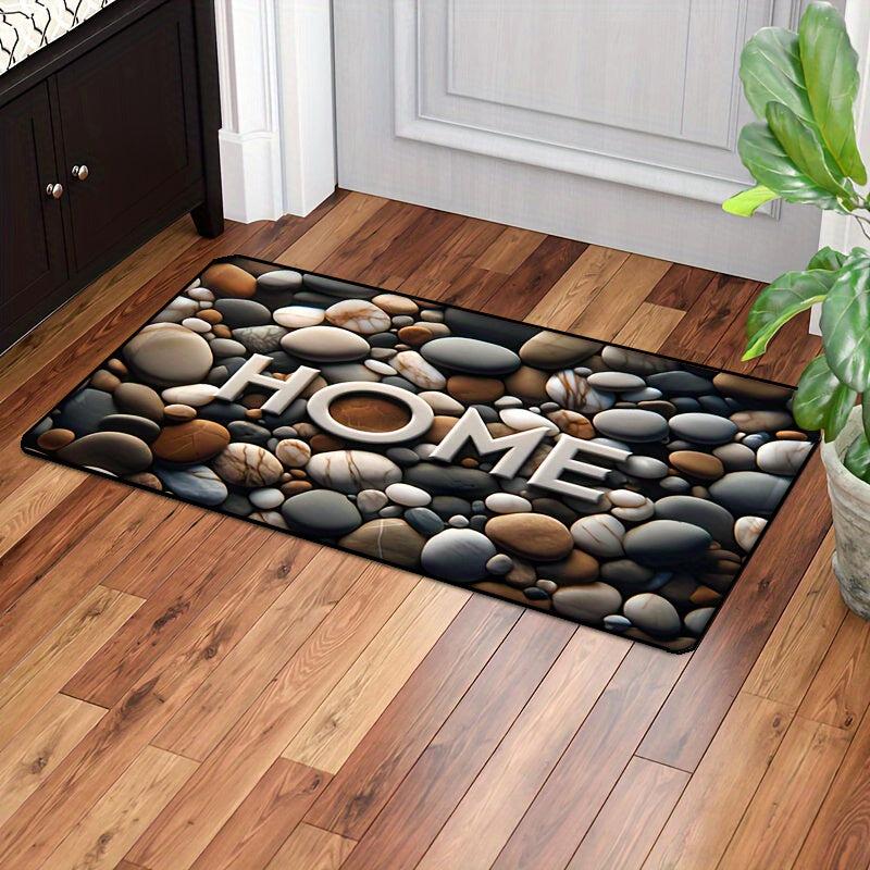 Add a touch of elegance to your home with this 1-piece Pebble Print Welcome Mat featuring a stylish "HOME" design. Made from fade-resistant polyester fiber, this machine washable mat is perfect for use in kitchens and entryways. Its slip-resistant