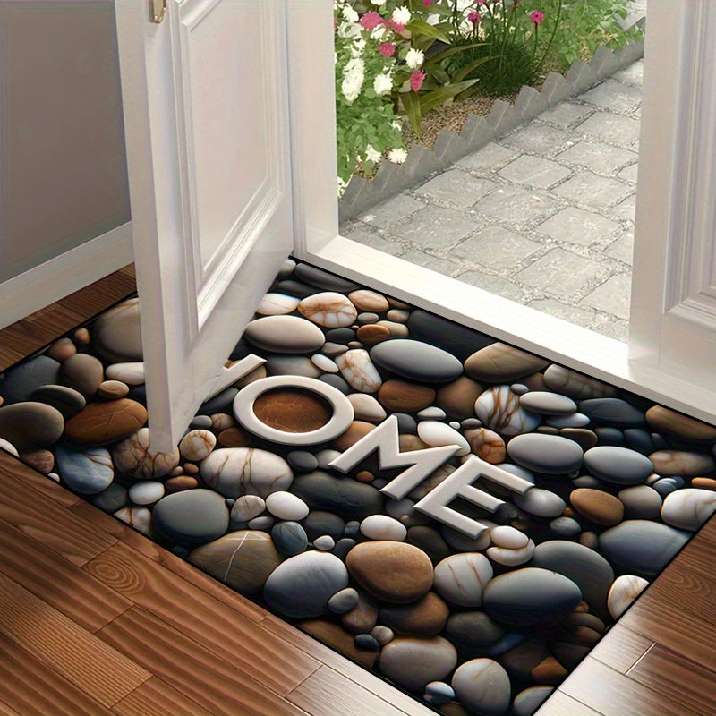 Add a touch of elegance to your home with this 1-piece Pebble Print Welcome Mat featuring a stylish "HOME" design. Made from fade-resistant polyester fiber, this machine washable mat is perfect for use in kitchens and entryways. Its slip-resistant