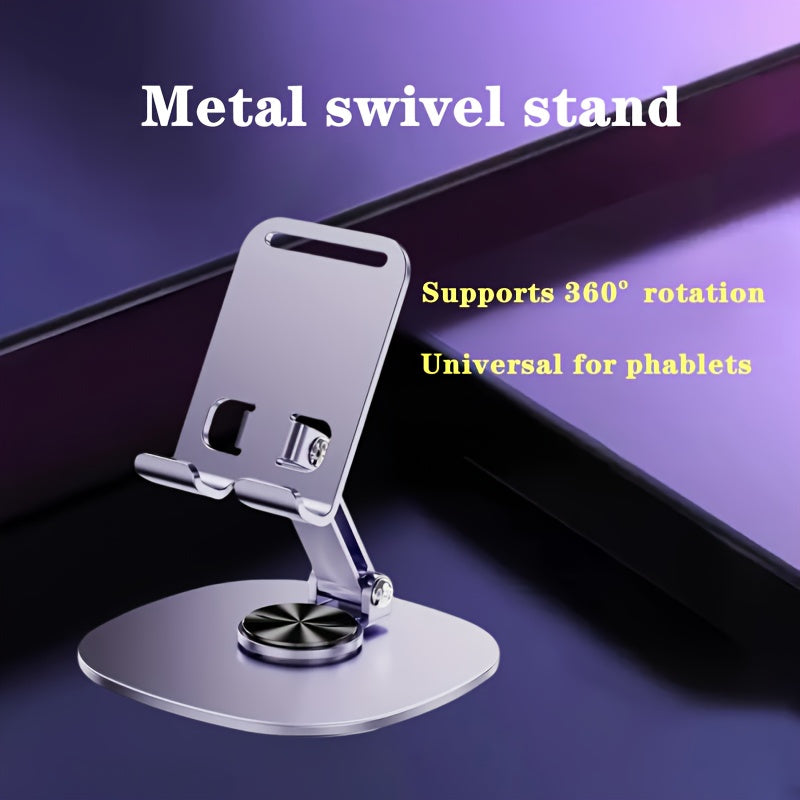 Compact, foldable metal phone stand rotates 360 degrees, ideal for smartphones and tablets. Perfect for office use.