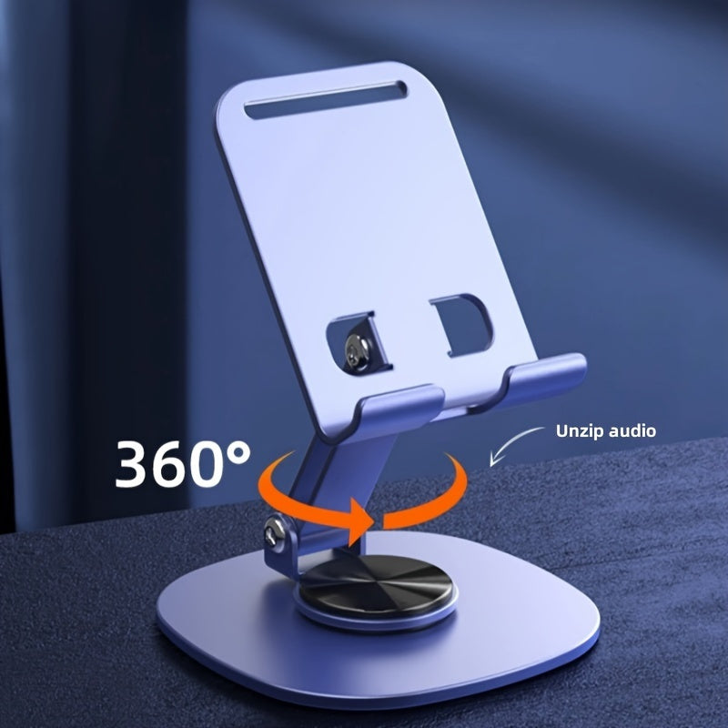 Compact, foldable metal phone stand rotates 360 degrees, ideal for smartphones and tablets. Perfect for office use.