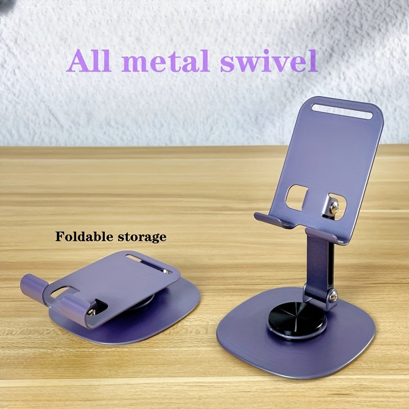 Compact, foldable metal phone stand rotates 360 degrees, ideal for smartphones and tablets. Perfect for office use.