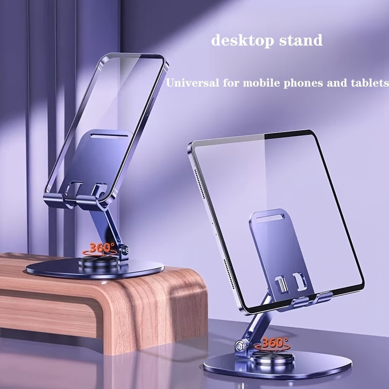 Compact, foldable metal phone stand rotates 360 degrees, ideal for smartphones and tablets. Perfect for office use.