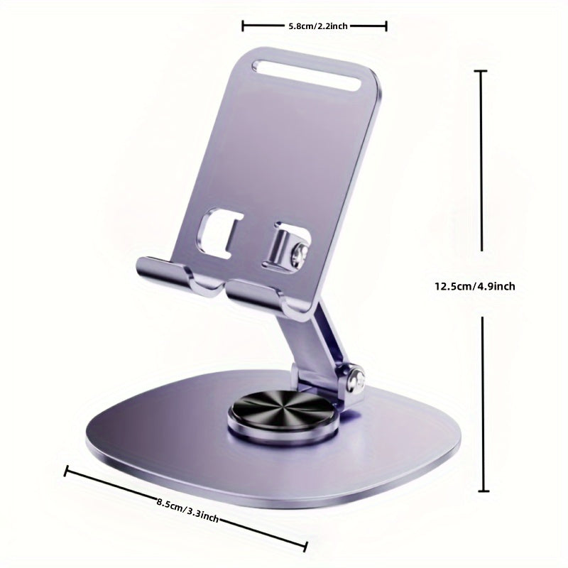 Compact, foldable metal phone stand rotates 360 degrees, ideal for smartphones and tablets. Perfect for office use.