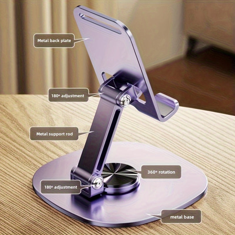 Compact, foldable metal phone stand rotates 360 degrees, ideal for smartphones and tablets. Perfect for office use.