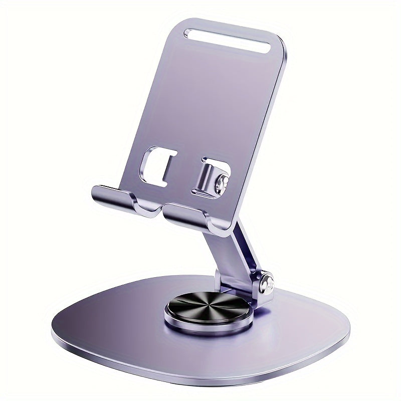 Compact, foldable metal phone stand rotates 360 degrees, ideal for smartphones and tablets. Perfect for office use.