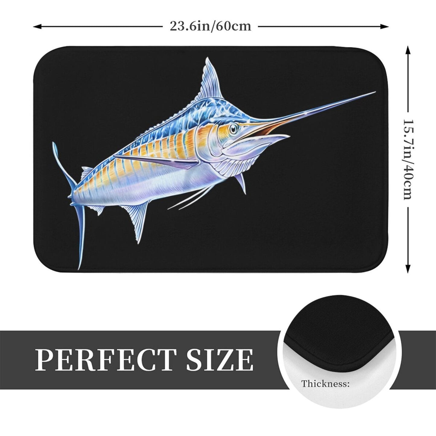 Machine washable polyester doormat with non-slip backing, featuring a blue marlin design. Lightweight and in a rectangle shape, this floor carpet is perfect for kitchen or bedroom decor as a welcome rug.