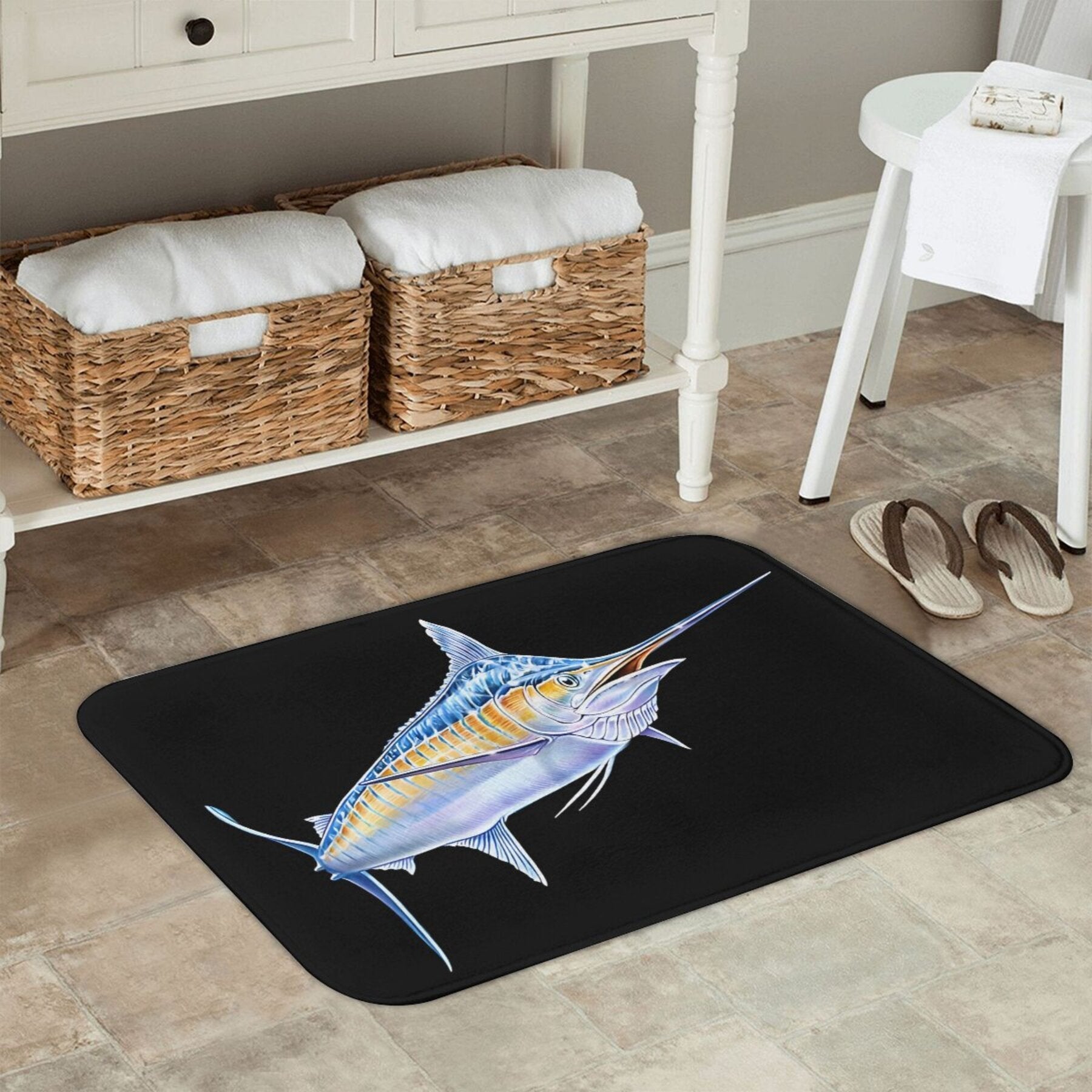 Machine washable polyester doormat with non-slip backing, featuring a blue marlin design. Lightweight and in a rectangle shape, this floor carpet is perfect for kitchen or bedroom decor as a welcome rug.