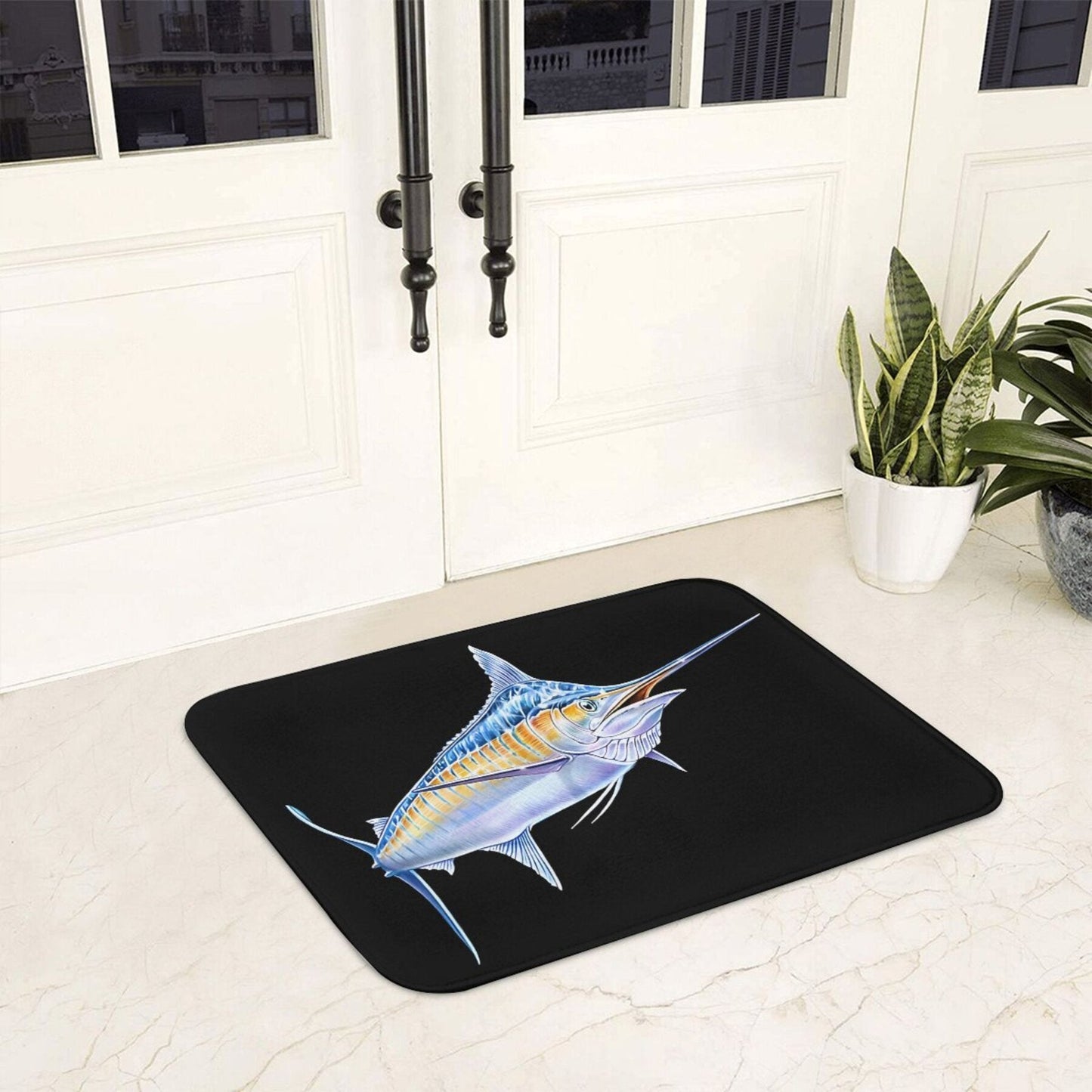 Machine washable polyester doormat with non-slip backing, featuring a blue marlin design. Lightweight and in a rectangle shape, this floor carpet is perfect for kitchen or bedroom decor as a welcome rug.