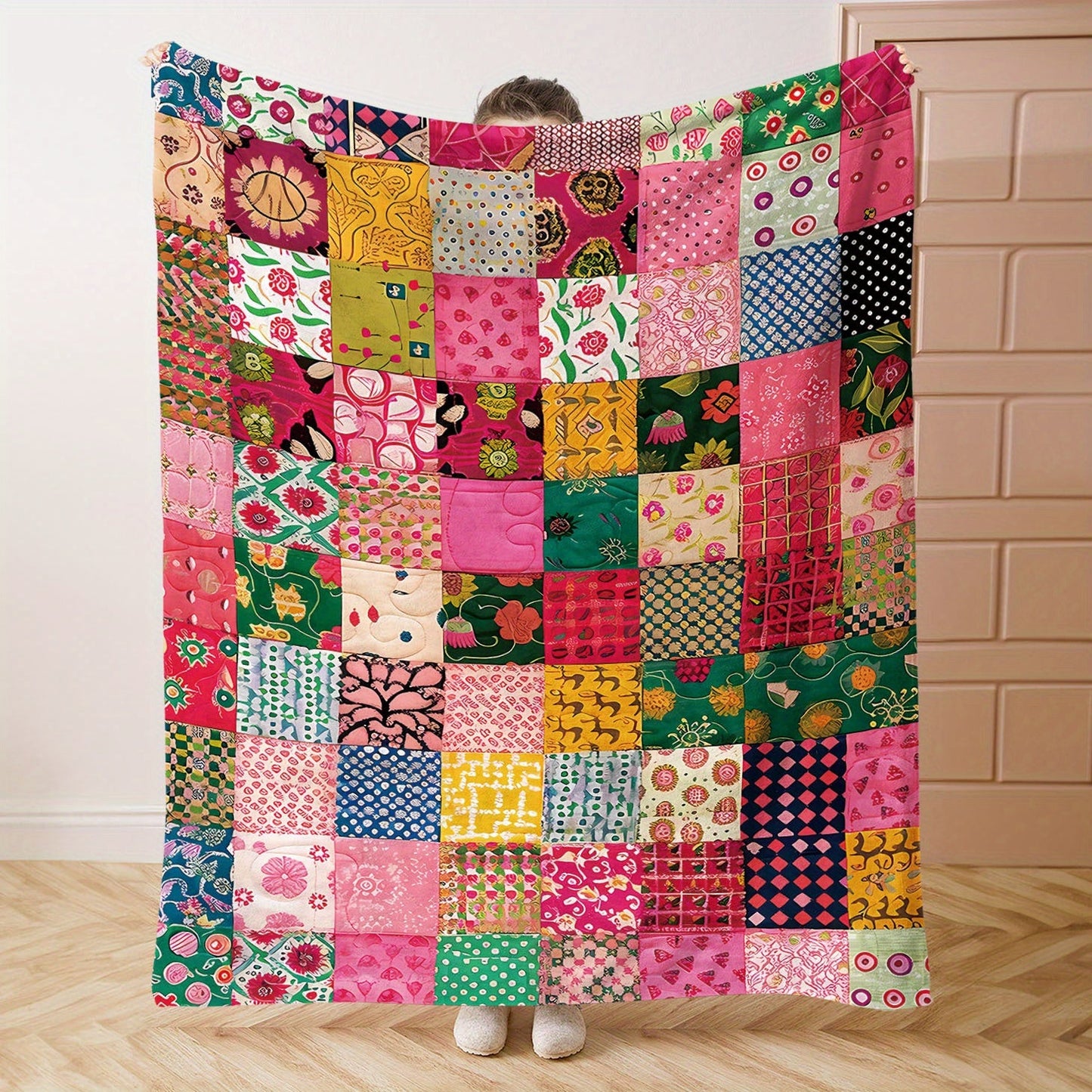 Soft, warm, and versatile, this cozy colorful patchwork flannel throw blanket is perfect for use on your bed, sofa, office, or during camping trips.