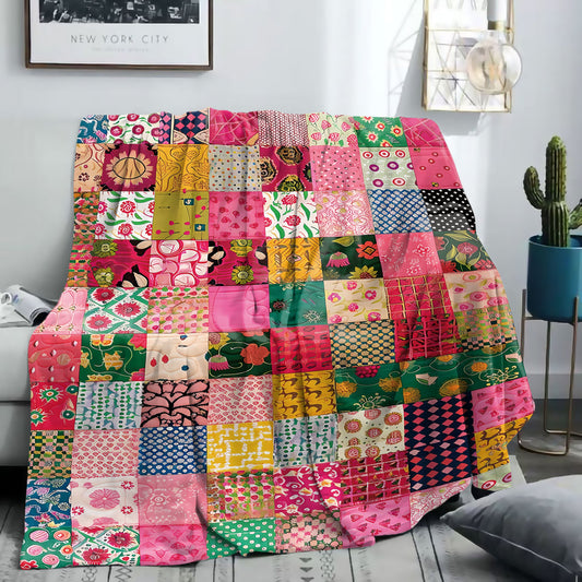 Soft, warm, and versatile, this cozy colorful patchwork flannel throw blanket is perfect for use on your bed, sofa, office, or during camping trips.