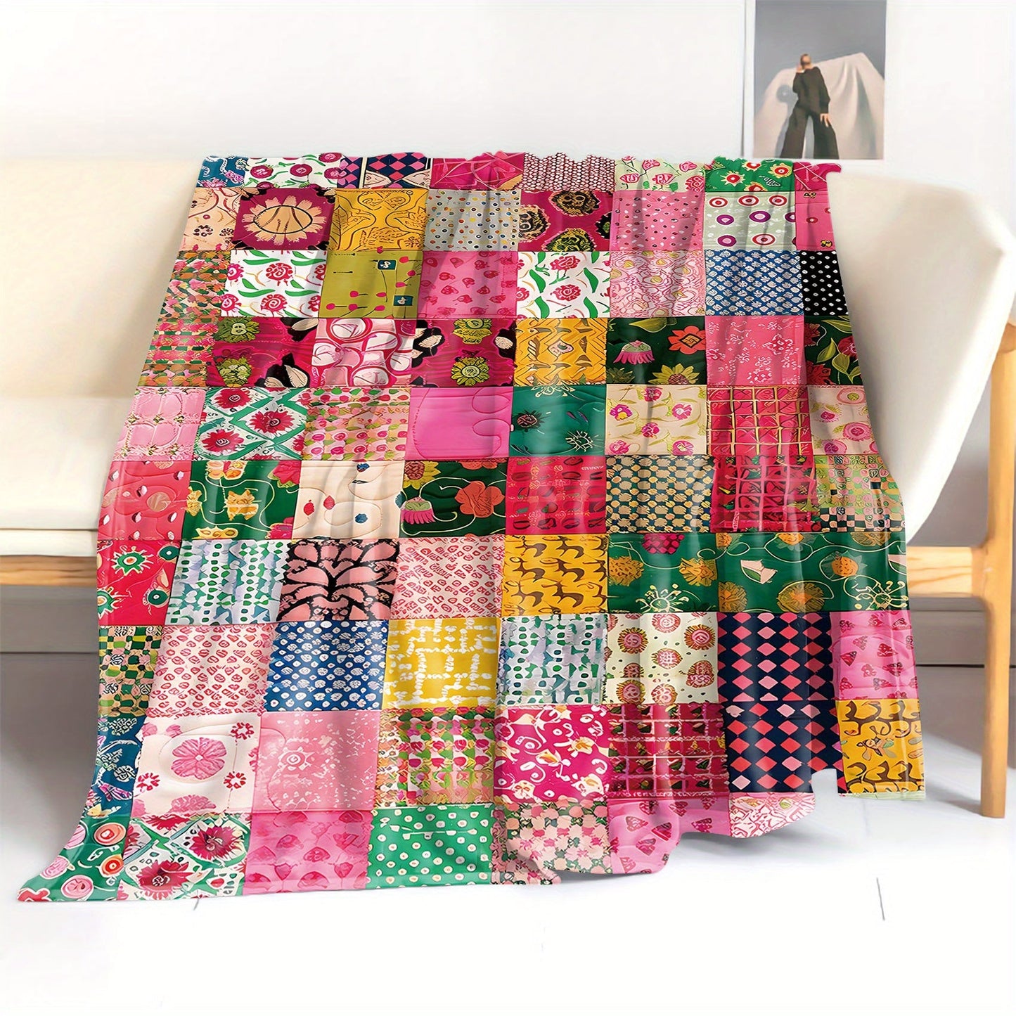 Soft, warm, and versatile, this cozy colorful patchwork flannel throw blanket is perfect for use on your bed, sofa, office, or during camping trips.