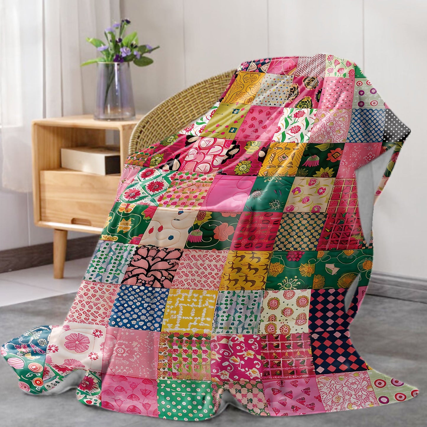 Soft, warm, and versatile, this cozy colorful patchwork flannel throw blanket is perfect for use on your bed, sofa, office, or during camping trips.