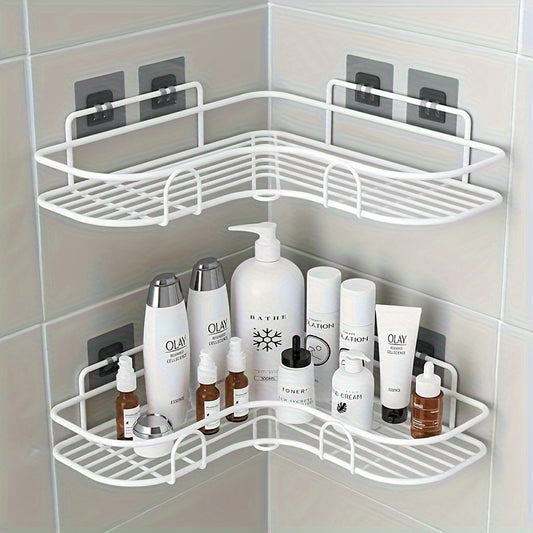 Wall-mounted corner shower caddy rack for shampoo and kitchen storage, no drilling required.