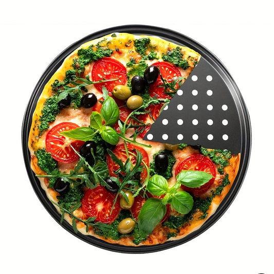 Set of two 11-inch Non-Stick Iron Pizza Pans, made of durable BPA-Free carbon steel. Includes perforated insert for even baking. Essential kitchen baking accessories that require no electricity.