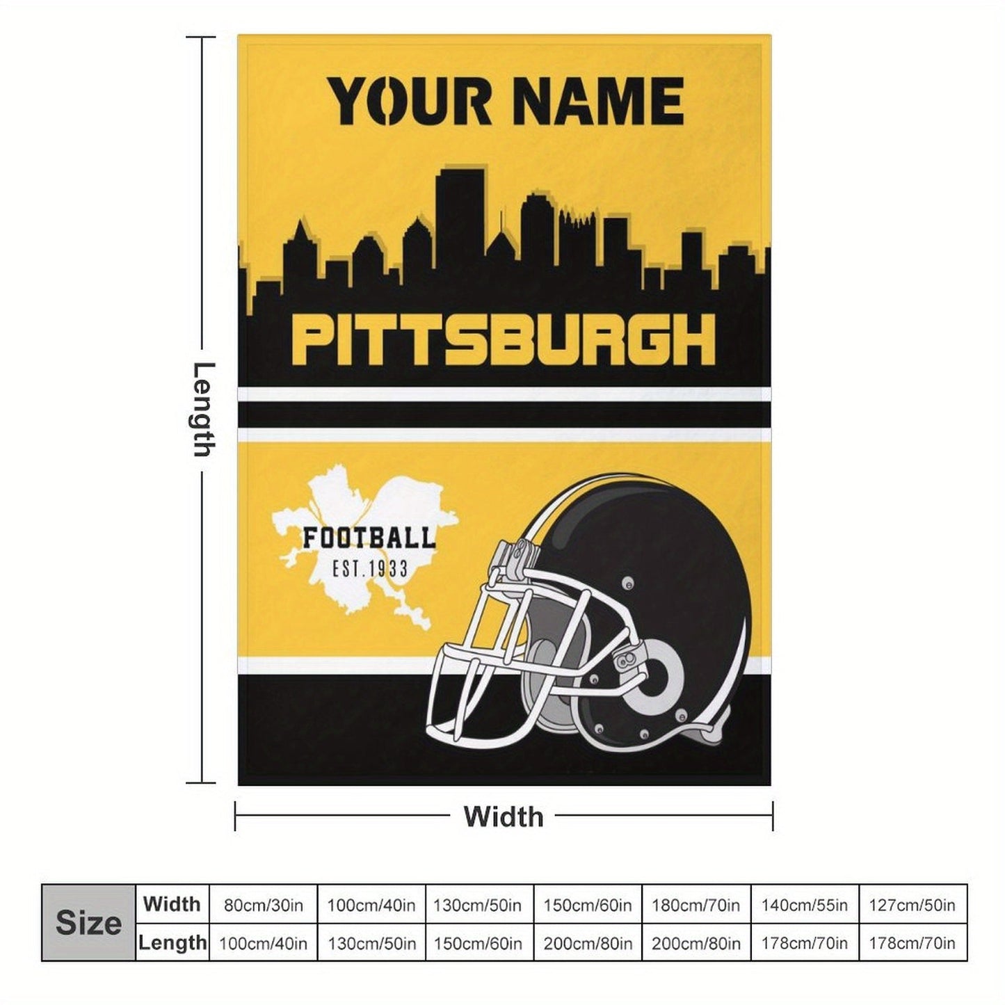 Shaxsiylashtirilgan Pittsburgh futbol plush fleyts blanketi - divan, yotoq va sayohat uchun moslashtiriladigan engil tashqi ko'rinish - erkaklar va ayollar uchun yumshoq to'qilgan polyester to'rtburchak blanket - uy bezaklari yoki divan sovg'asi