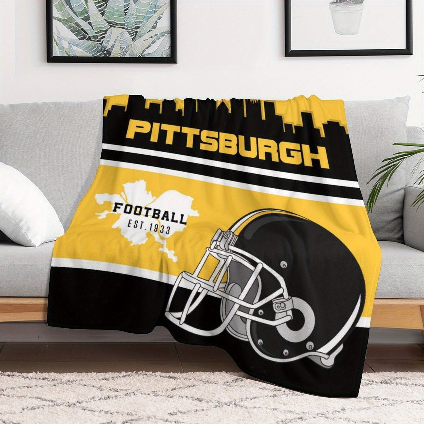 Shaxsiylashtirilgan Pittsburgh futbol plush fleyts blanketi - divan, yotoq va sayohat uchun moslashtiriladigan engil tashqi ko'rinish - erkaklar va ayollar uchun yumshoq to'qilgan polyester to'rtburchak blanket - uy bezaklari yoki divan sovg'asi