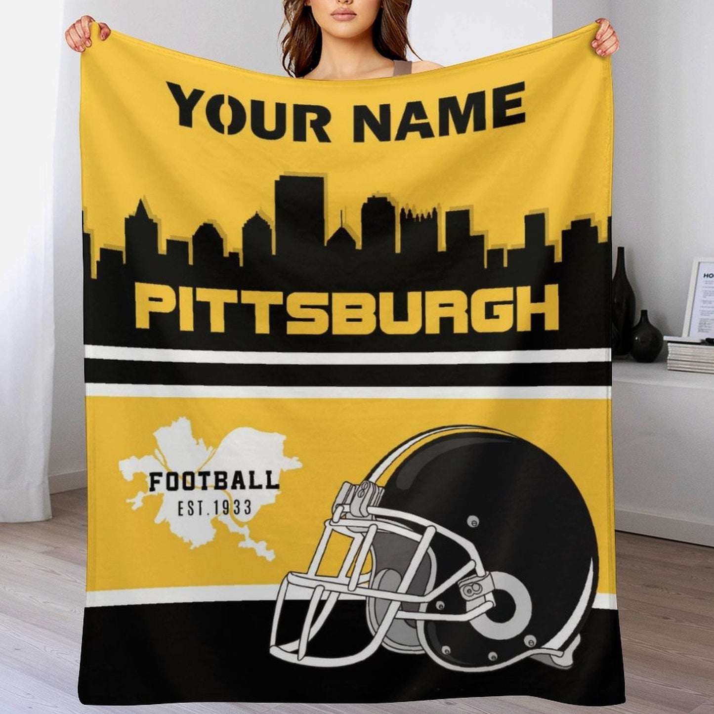 Shaxsiylashtirilgan Pittsburgh futbol plush fleyts blanketi - divan, yotoq va sayohat uchun moslashtiriladigan engil tashqi ko'rinish - erkaklar va ayollar uchun yumshoq to'qilgan polyester to'rtburchak blanket - uy bezaklari yoki divan sovg'asi