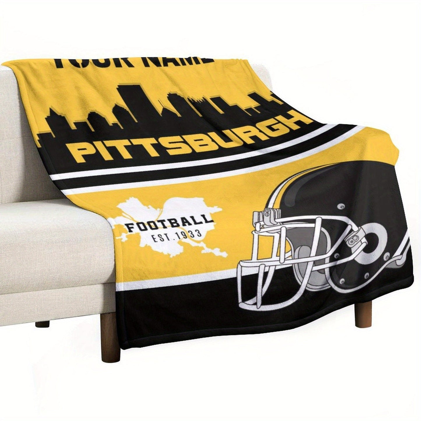 Shaxsiylashtirilgan Pittsburgh futbol plush fleyts blanketi - divan, yotoq va sayohat uchun moslashtiriladigan engil tashqi ko'rinish - erkaklar va ayollar uchun yumshoq to'qilgan polyester to'rtburchak blanket - uy bezaklari yoki divan sovg'asi