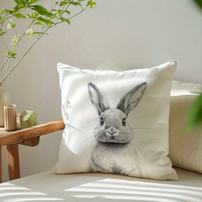 Contemporary black and white bunny sketch pillow cover made from soft peach skin velvet with zipper closure. Machine washable and suitable for various rooms including home decor, sofa, living room, and bedroom.