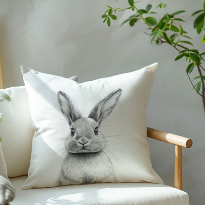 Contemporary black and white bunny sketch pillow cover made from soft peach skin velvet with zipper closure. Machine washable and suitable for various rooms including home decor, sofa, living room, and bedroom.