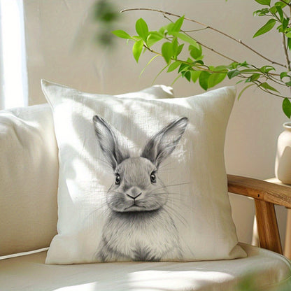 Contemporary black and white bunny sketch pillow cover made from soft peach skin velvet with zipper closure. Machine washable and suitable for various rooms including home decor, sofa, living room, and bedroom.