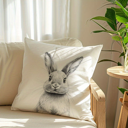 Contemporary black and white bunny sketch pillow cover made from soft peach skin velvet with zipper closure. Machine washable and suitable for various rooms including home decor, sofa, living room, and bedroom.