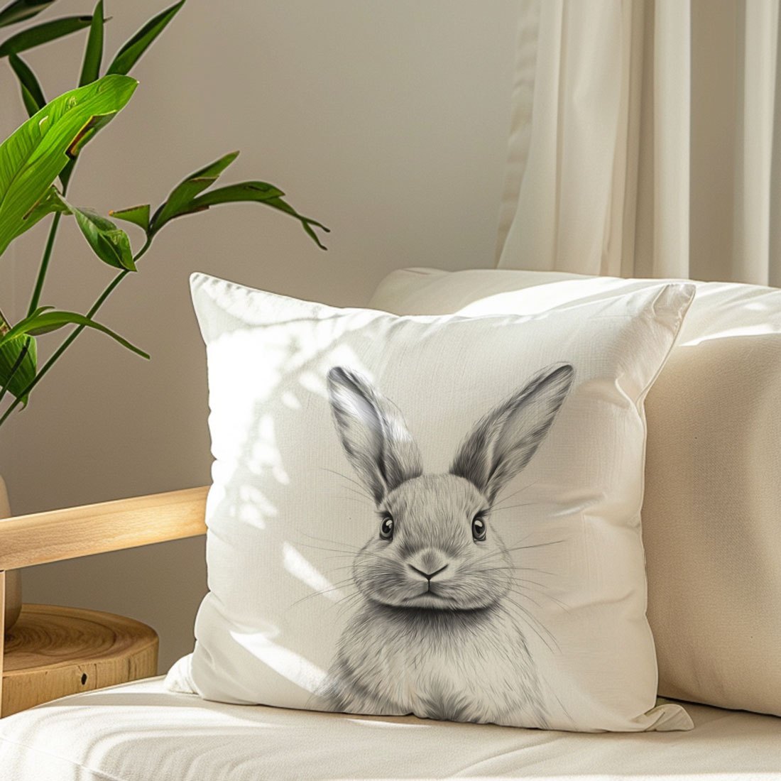 Contemporary black and white bunny sketch pillow cover made from soft peach skin velvet with zipper closure. Machine washable and suitable for various rooms including home decor, sofa, living room, and bedroom.