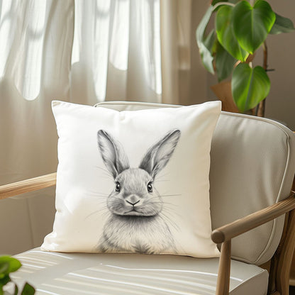 Contemporary black and white bunny sketch pillow cover made from soft peach skin velvet with zipper closure. Machine washable and suitable for various rooms including home decor, sofa, living room, and bedroom.