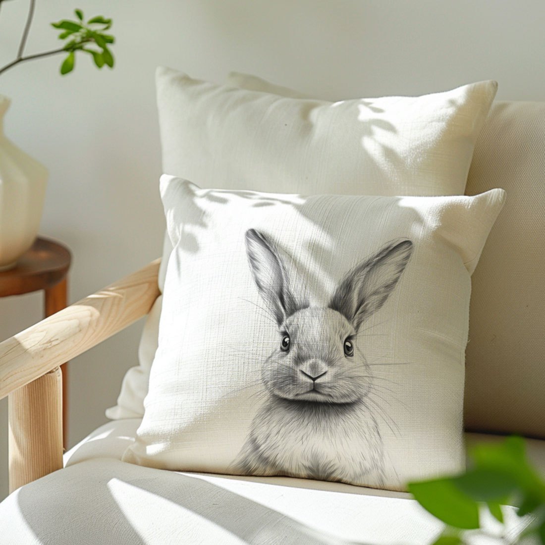 Contemporary black and white bunny sketch pillow cover made from soft peach skin velvet with zipper closure. Machine washable and suitable for various rooms including home decor, sofa, living room, and bedroom.