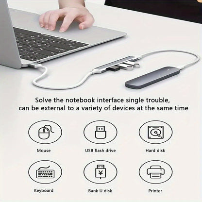 4-in-1 USB C hub with quad-port, high-speed data transfer and charging. Compatible with MacBook, Mac Pro, Mac Mini, iMac, Surface Pro, XPS, PC, flash drives, and mobile hard drives.