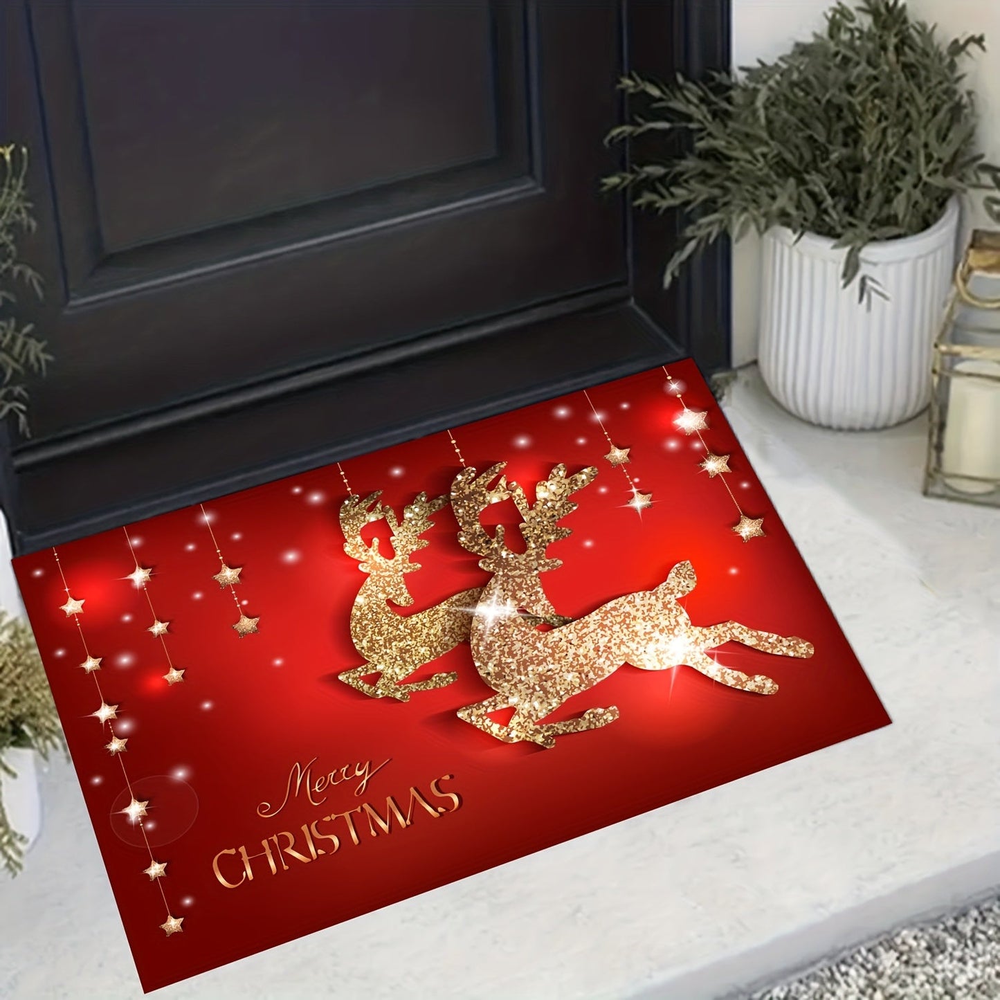 Get into the holiday spirit with our Festive Christmas Door Mat featuring a charming Reindeer and Tree design. This non-slip welcome mat is made of machine washable polyester textile, making it perfect for indoor or outdoor use in your home garden. Add a