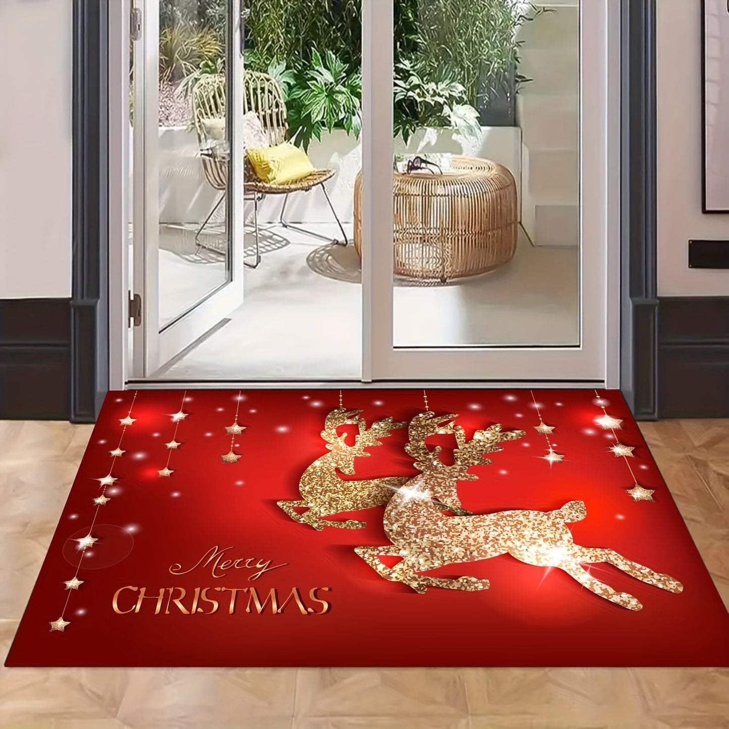 Get into the holiday spirit with our Festive Christmas Door Mat featuring a charming Reindeer and Tree design. This non-slip welcome mat is made of machine washable polyester textile, making it perfect for indoor or outdoor use in your home garden. Add a