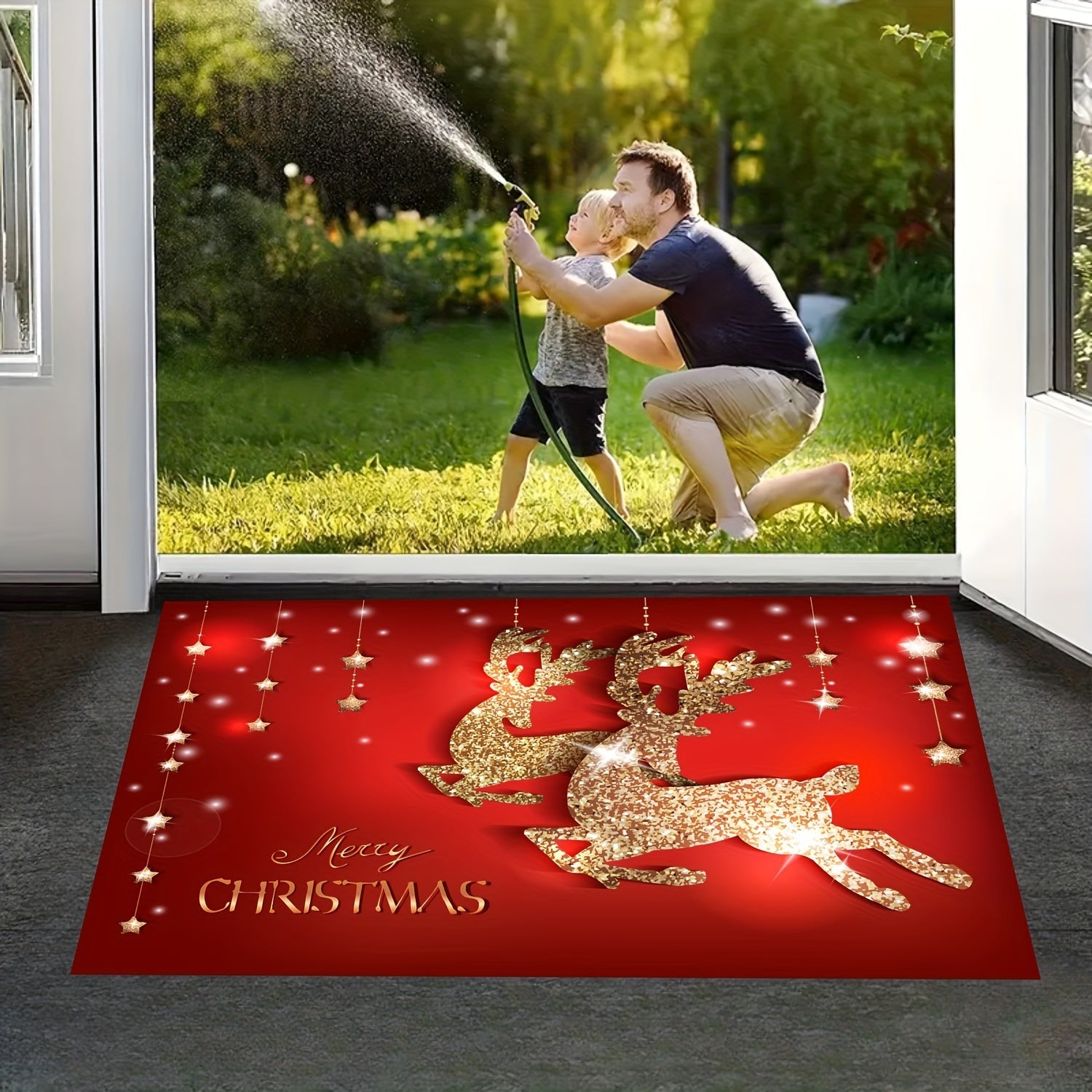 Get into the holiday spirit with our Festive Christmas Door Mat featuring a charming Reindeer and Tree design. This non-slip welcome mat is made of machine washable polyester textile, making it perfect for indoor or outdoor use in your home garden. Add a