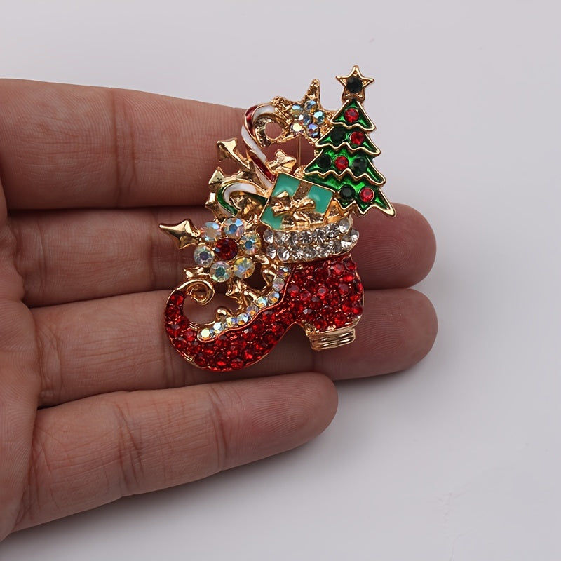 Vintage style rustic Christmas brooch with irregular shape and rhinestone accents. Perfect women's novelty pin for adding a festive touch to clothing or shoes during the holiday season.