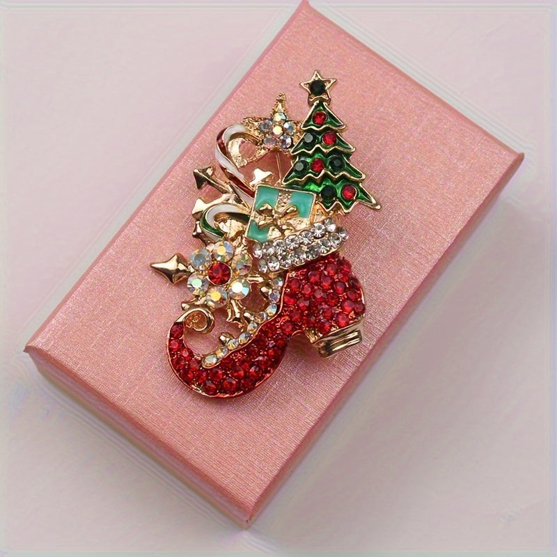 Vintage style rustic Christmas brooch with irregular shape and rhinestone accents. Perfect women's novelty pin for adding a festive touch to clothing or shoes during the holiday season.