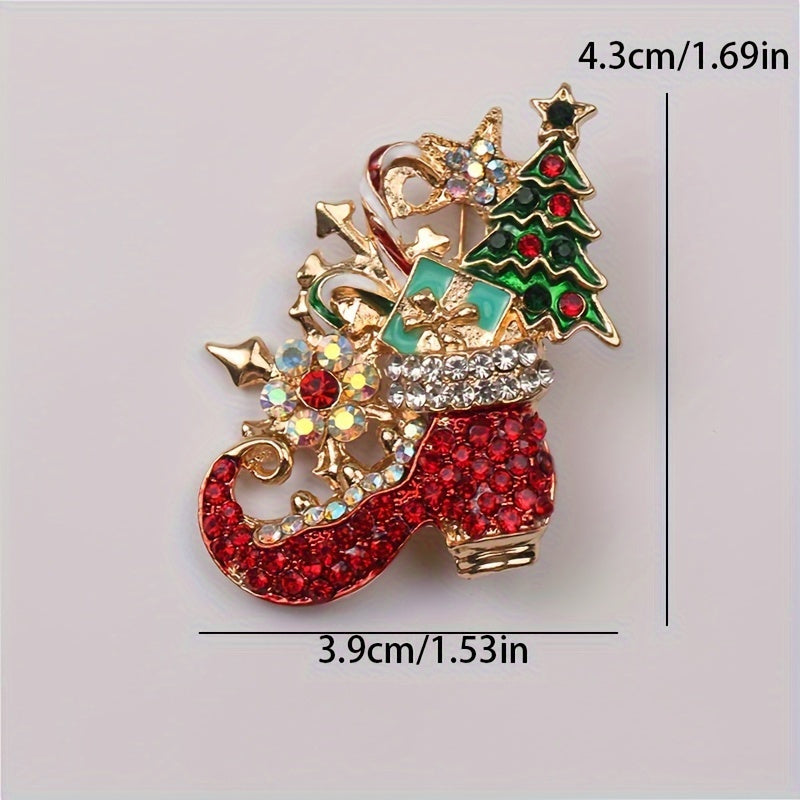 Vintage style rustic Christmas brooch with irregular shape and rhinestone accents. Perfect women's novelty pin for adding a festive touch to clothing or shoes during the holiday season.