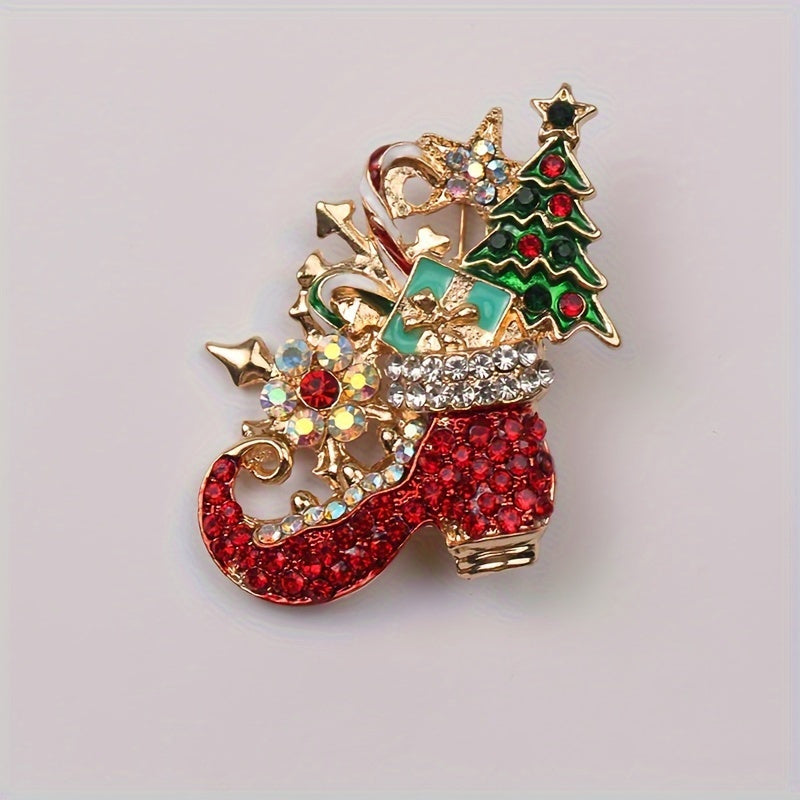 Vintage style rustic Christmas brooch with irregular shape and rhinestone accents. Perfect women's novelty pin for adding a festive touch to clothing or shoes during the holiday season.