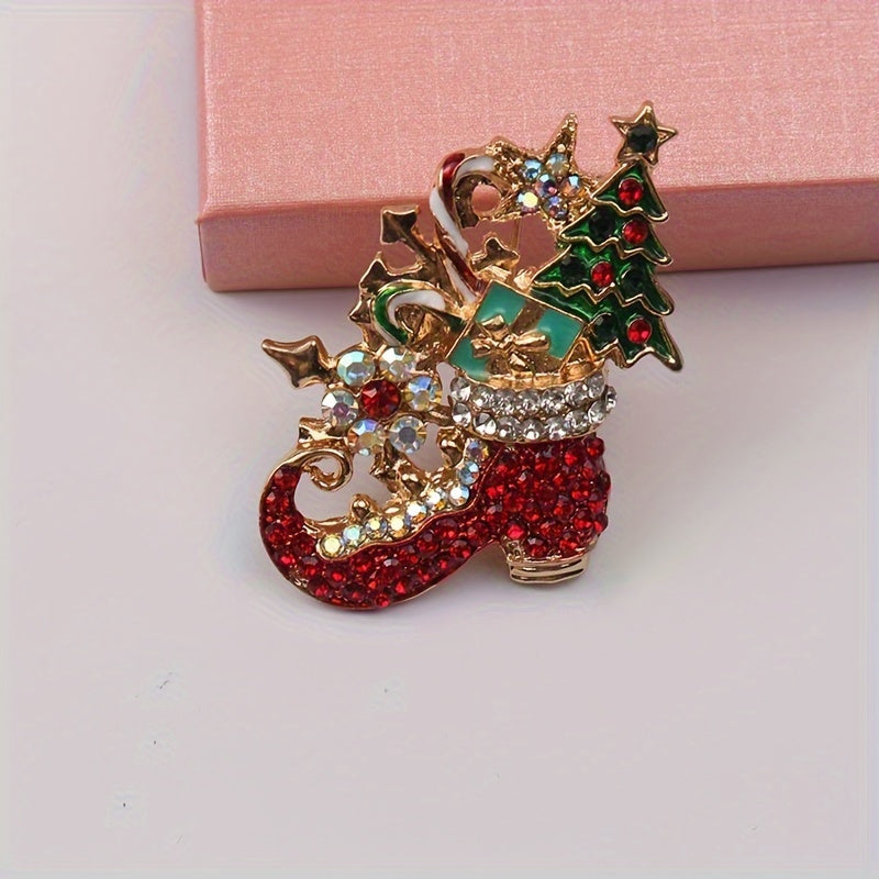 Vintage style rustic Christmas brooch with irregular shape and rhinestone accents. Perfect women's novelty pin for adding a festive touch to clothing or shoes during the holiday season.