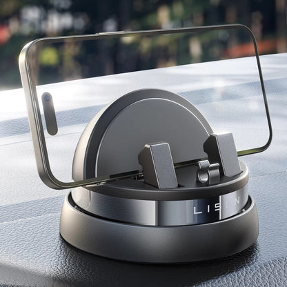 LISEN Rotatable Car Phone Holder with strong clamping force, anti-slip hook design, nano silicone base. Supports iPhone & Samsung, hands-free. Metallic finish, durable.