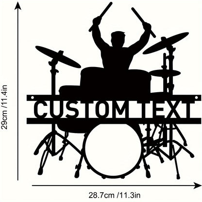 Personalized metal wall art with drum set design, perfect gift for musicians, easy to install with no power needed.