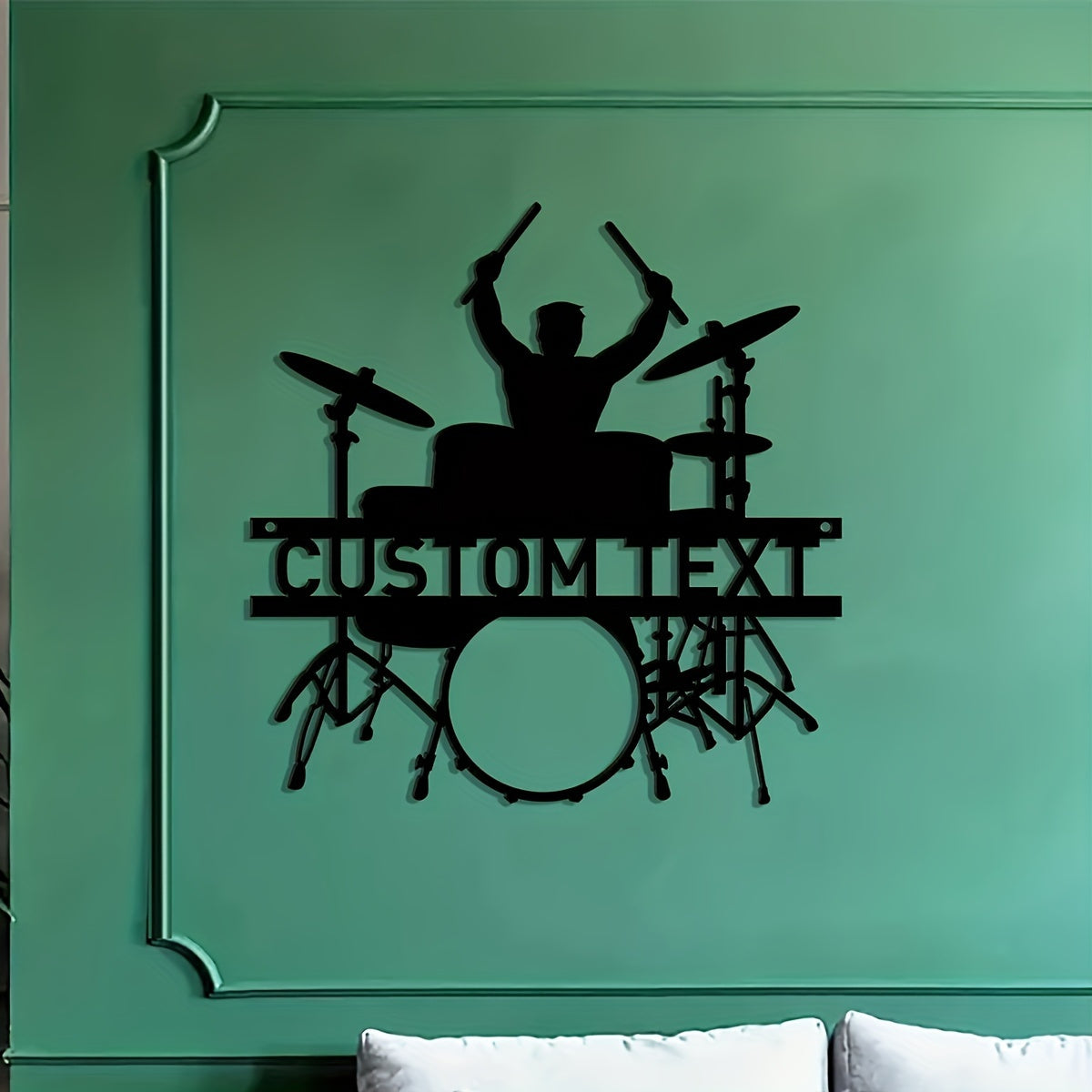 Personalized metal wall art with drum set design, perfect gift for musicians, easy to install with no power needed.