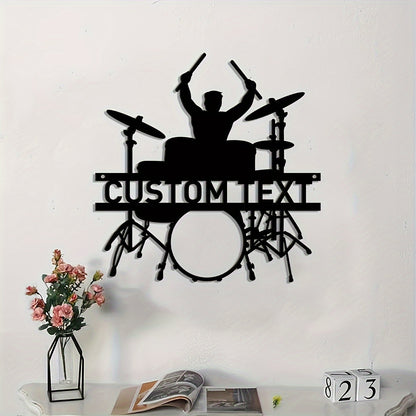 Personalized metal wall art with drum set design, perfect gift for musicians, easy to install with no power needed.